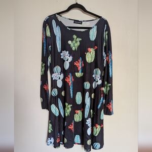 Fancyqube Cactus Swing Dress Casual Pleated Long Sleeve Size L